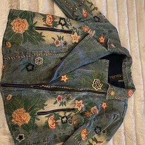 Aratta Denim Jacket with Vibrant Floral Embroidery